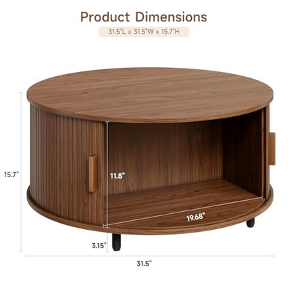 Round Coffee Table with Storage, 31.5" Modern Coffee Table with 360° Curved Sliding Door, Fluted Wood Accent Coffee Table with Adjustable Footpads, Round Center Table for Living Room, Walnut