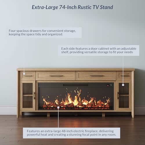 74" Apex Extra Large TV Stand with 48" Electric Fireplace - Camel, view 7