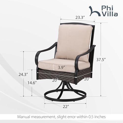 Patio Swivel Chairs Set of 2, Heavy Duty Outdoor Metal Wicker Dining Chair with Thickened Cushions, Large All Weather Wrought Iron Deck Chair Lawn Furniture Support 300lbs