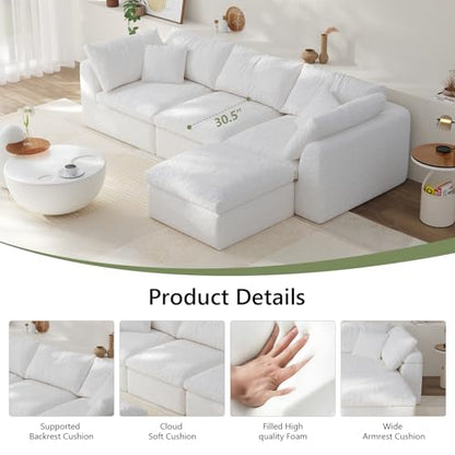 108" Boneless Cloud Couch Modular Sectional Sofa with Deep Seat for Living Room, L Shape Couch with Ottoman, Snowflake Fabric and 40D Memory Sponge，2 Throw Pillows (White, 3 Seater+1 Ottoman)
