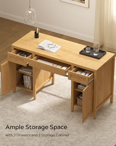 52" Large Executive Desk with Drawers, Farmhouse Wooden Home Office Desk with Storage Cabinet, Modern Computer Writing Desk for Work Study, Workspace, Natural Oak