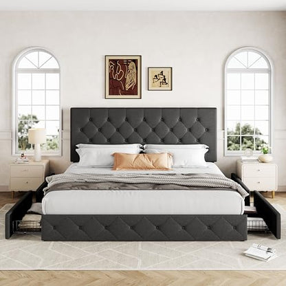 Upholstered King Size Platform Bed Frame with 4 Storage Drawers and Headboard, view 4
