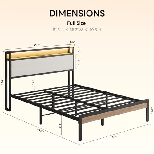 Full Bed Frame with Headboard, LED Lights and Charging Station, view 3