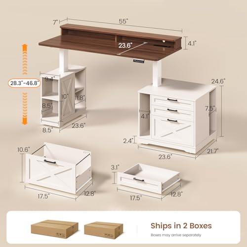 Farmhouse Electric Standing Desk with 3 Drawers and File Cabinet, view 3