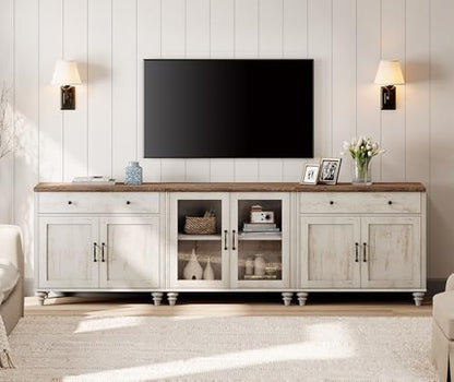 Farmhouse TV Stand for 100 Inch TV, 3-in-1 TV Console Table for 75/80/85/90 Inch TV, Entertainment Center with Glass & Wood Door, Kitchen Sideboard Buffet Cabinet for Living Room, Rustic White