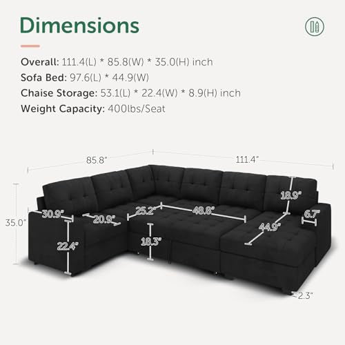 Modular Sectional Sleeper Sofa with Pull Out Bed, U Shaped Sleeper Couches with Storage Chaise, 114'' Sleeper Sectional Sofas for Living Room, Apartment (Velvet Black)