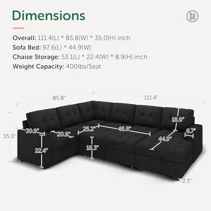 Modular Sectional Sleeper Sofa with Pull Out Bed, U Shaped Sleeper Couches with Storage Chaise, 114'' Sleeper Sectional Sofas for Living Room, Apartment (Velvet Black)