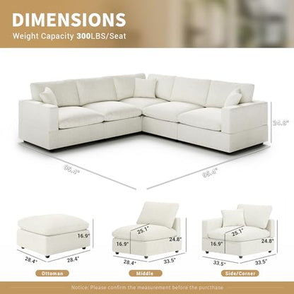 Modern Sectional Linen Couch for Living Room V-Shape Sofas,5 Seat Modular Cloud Sofas,Couches Cushion Covers Removable,Cozy Feather Down Sofa for Apartment Cream White