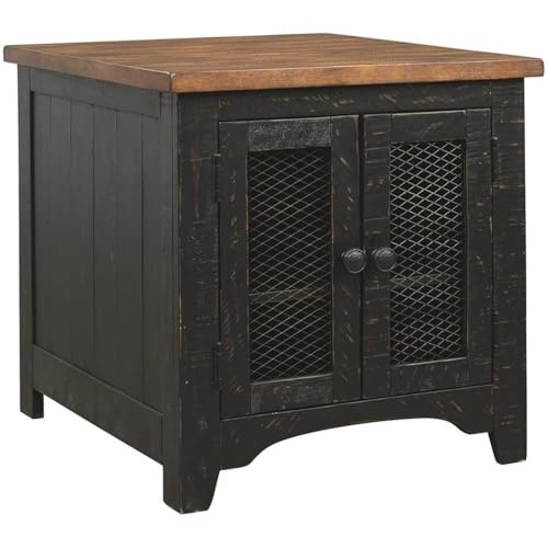 Contemporary Wood Storage End Table, 24 in, Pine Veneers, Vintage Black and Brown Finish, Double Door Cabinet, Metal Grills, Open Shelf Design, Living Room Accent Furniture