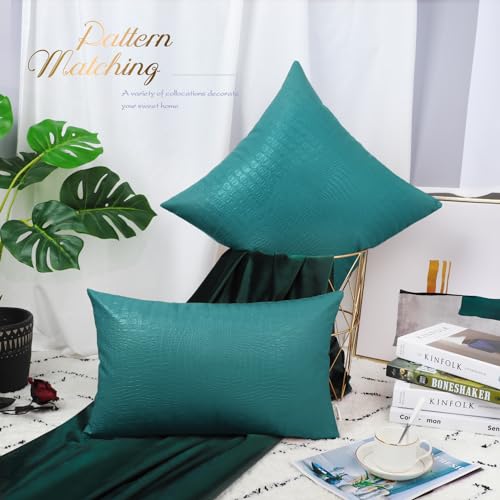 Faux Leather Pillow Covers 18 X 18 Inches, Teal Leather Pillow Covers Pack of 2, Crocodile Leather Decorative Throw Pillows for Living Room Couch Bed Sofa Home