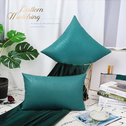 Faux Leather Pillow Covers 18 X 18 Inches, Teal Leather Pillow Covers Pack of 2, Crocodile Leather Decorative Throw Pillows for Living Room Couch Bed Sofa Home