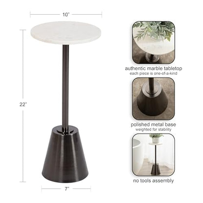 Tira Elegant Round Drink Table, 10 x 22, White Marble and Gray Gunmetal, Modern Glam Circle Martini Table for Use as a Small Bedroom Nightstand or Living Room Plant Stand Option