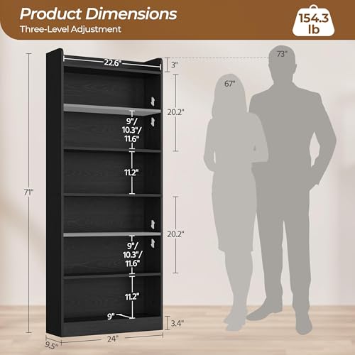 Yaheetech 7-Tier Open Bookcase and Bookshelf, Modern Simple Floor Standing Display Storage Shelves with Top Open Compartment for Home Office, Study, Living Room - Black