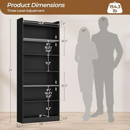 Yaheetech 7-Tier Open Bookcase and Bookshelf, Modern Simple Floor Standing Display Storage Shelves with Top Open Compartment for Home Office, Study, Living Room - Black