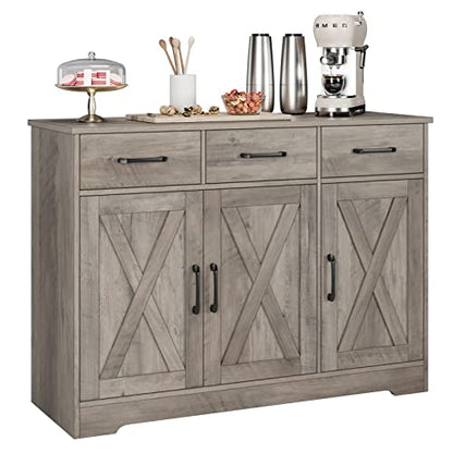 Modern Farmhouse Buffet Sideboard Cabinet, Barn Doors Storage Cabinet with Drawers and Shelves, Wood Coffee Bar with Storage for Dining Room, Kitchen, Living Room, Ash Grey