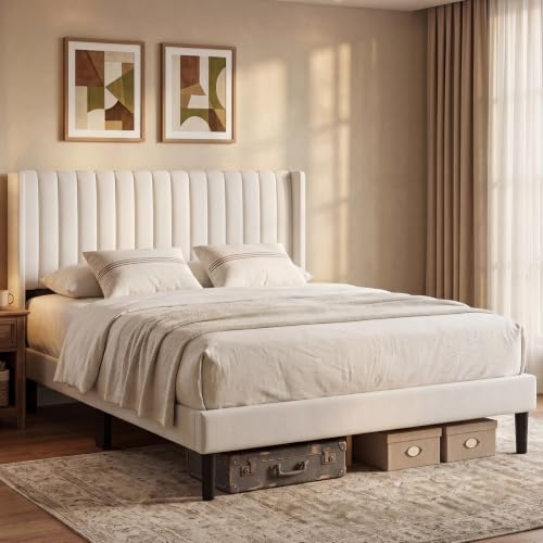 Upholstered Queen Bed Frame with Headboard Platform Beds Beige, view 2