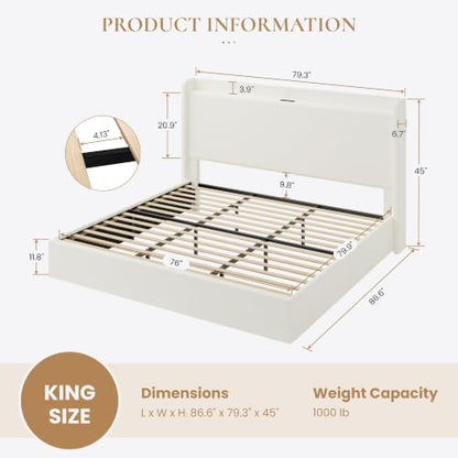 King Size Bed Frame, Chenille Storage Headboard and USB, White, view 3