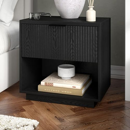 24" Fluted Nightstand, Ribbed Side Table, Natural Black | Ribbed-front design with a smooth-glide drawer and open cubby storage offers clean-lined style for bedrooms or home offices