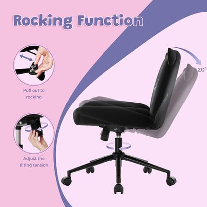 Armless Office Desk Chair with Wheels,Ergonomic Criss Cross Legged Computer Chair with Fabric Padded, Height Adjustable Wide Seat Vanity Chairs,Mid Back Task Chair for Home, Bedroom (Black)