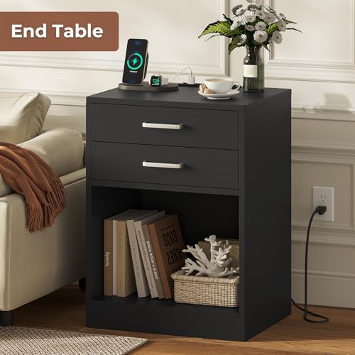 Black Nightstand Set of 2,Bedside Table with Drawers, view 7