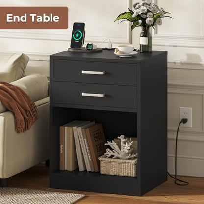 Black Nightstand Set of 2,Bedside Table with Drawers, view 7