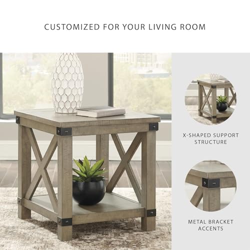 Signature Design by Ashley Aldwin Casual Farmhouse Rectangular End Table with Crossbuck Details, Metal Bracket Accents, Wood, 25" High, Weathered Gray
