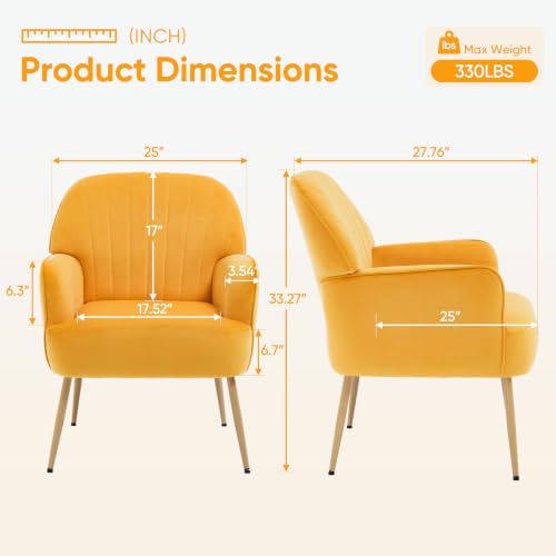 Velvet Accent Chair, Mid Century Modern Accent Chairs for Living Room, Comfy Upholstered Armchair with Metal Legs for Bedroom/Apartment/Office/Waiting Room, Yellow
