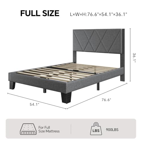 Full Platform Bed Frame with Upholstered Headboard, Gray, view 3