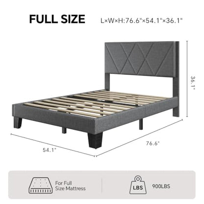 Full Platform Bed Frame with Upholstered Headboard, Gray, view 3