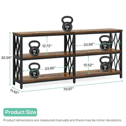 Console Table with Storage Shelves, 70.9" Industrial 3-Tier Sofa Table for Living Room, Long Foyer Table Entryway Table for Hallway, Front Door, Entrance, Rustic Brown & Black