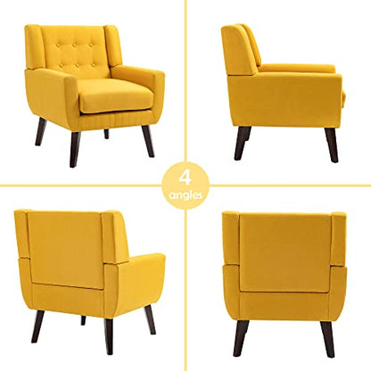 Accent Chair Mid Century Modern Armchair,Comfy Single Sofa for Living Room,Button Tufted Armrest Reading Seat Bedroom Side Sitting for Home Office,Recliner Chair, Home Theater Seating,Yellow