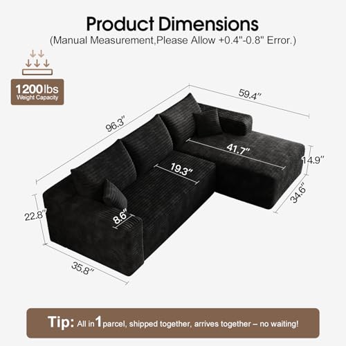 96” L - Shape Boneless Modular Sectional Cloud Couch with Chaise - Modern Comfy Corduroy Compressed couches for Living Room - Memory Foam Sofa, No Assembly Required (Black)