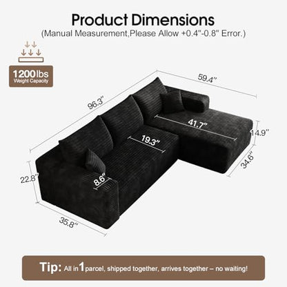 96” L - Shape Boneless Modular Sectional Cloud Couch with Chaise - Modern Comfy Corduroy Compressed couches for Living Room - Memory Foam Sofa, No Assembly Required (Black)