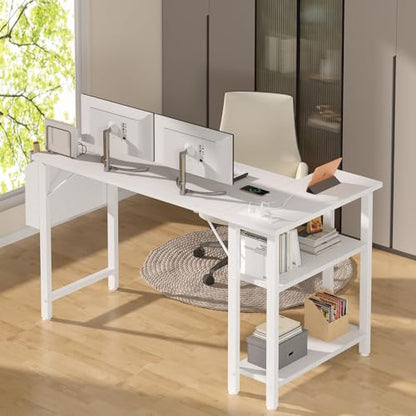 White L Shaped Computer Desk with Power Outlet Shelves, 47 Inch Corner Desk for Home Office Bedroom, L-Shaped Study Writing Working PC Desks, White