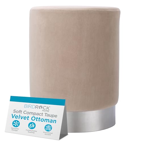 Round Ottoman Foot Stool – Modern Soft Padded Velvet Vanity Chair with Silver Metal Trim – Accent Chair or Foot Rest for Living Room, Bedroom, or Dressing Room (Taupe)