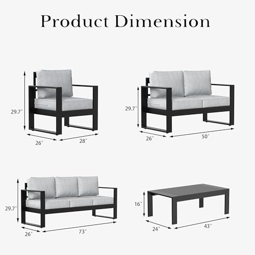 5 Pieces Aluminum Outdoor Patio Furniture Set, Metal Modern Conversation Sofa Set with Coffee Table and Washable Thick Cushions for Porch, Backyard, Deck