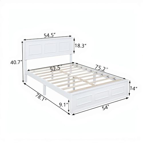 White Farmhouse Wood Full Size Bed Frame with Adjustable Headboard, view 3