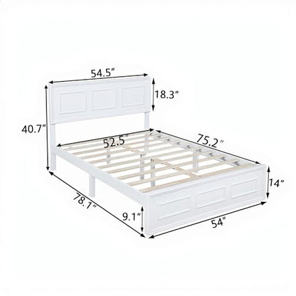 White Farmhouse Wood Full Size Bed Frame with Adjustable Headboard, view 3