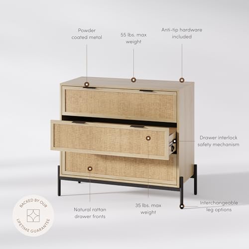 Nathan James Andrew 3-Drawer Rattan Dresser or Boheminan Living Room Storage Cabinet with Natural Rattan Accent and Metal Legs, Light Oak/Black