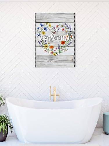 NuYeBiofx Summer Flower Heart Wreath Canvas Wall Art Prints,40"x28" Framed Picture Artwork Country Wood Plank Buffalo Plaid Printed Canvas Oil Painting for Living Room Bedroom Office,Ready to Hang