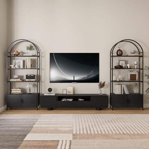 Arched Bookshelf, Bookcase with Doors Storage, 71 Inches Tall Industrial Book Shelf with Sturdy Metal Frame, E1 Quality Boards, Freestanding Display Shelving Unit, Black