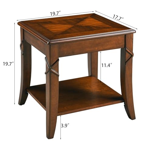 Vintage Cherry Solid Wood End Tables Living Room, Queen Anne Style Accent Side Table with Cabriole Legs, 2-Tier Nightstand with Storage Shelf, 19.7" Wx17.7 Dx19.7 H, Cherry Walnut CJZ-DR200