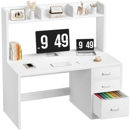 Wood Desk with Hutch and 3 Drawers， White, view 2