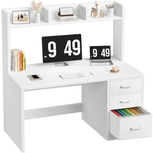 Wood Desk with Hutch and 3 Drawers， White, view 2