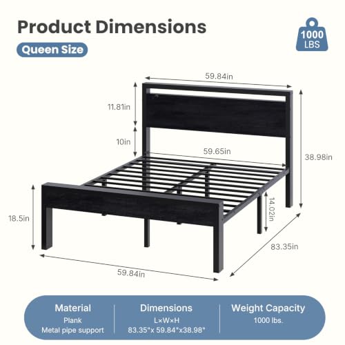14 Inch Queen Bed Frame with Wood Headboard, Black, view 3