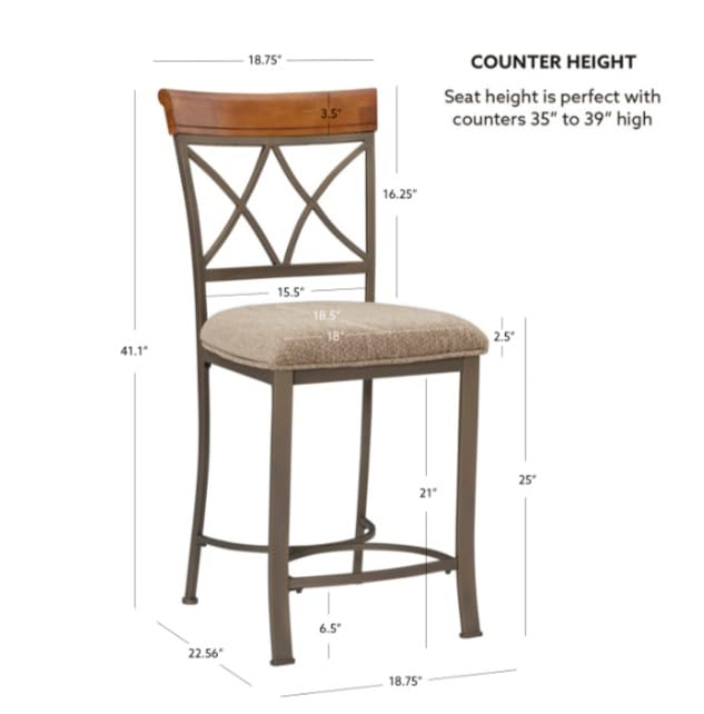 Powell Hamilton Metal 24.5 Inch Seat Height Counter Stool with Beige Upholstered Seat and Cherry Wood Accented Back