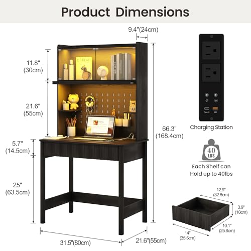 31.5" LED Study Desk with Hutch,Outlets,Reading Lights, view 3
