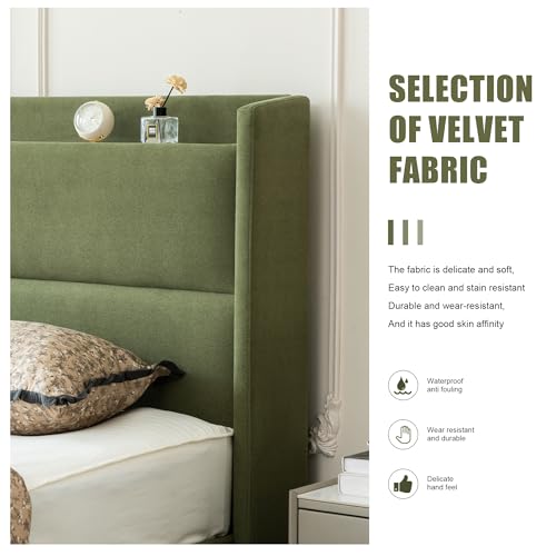 King Hydraulic Lift Storage Bed Frame，Upholstered Headboard，Green, view 6
