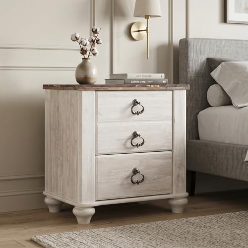 Signature Design by Ashley Willowton Farmhouse 2 Drawer Nightstand with USB Charging Ports, 25.67" Tall, Whitewash