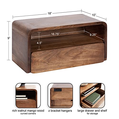 Kato Modern Wood Floating Side Table with Drawer, 18 x 10 x 9, Walnut Brown, Contemporary Wooden Floating Nightstand for Bedroom Bedside Table